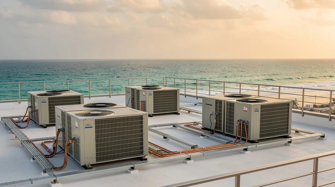 Outdoor HVAC condensers on the rooftop of a coastal building in Kuwait requiring anti-corrosion protection